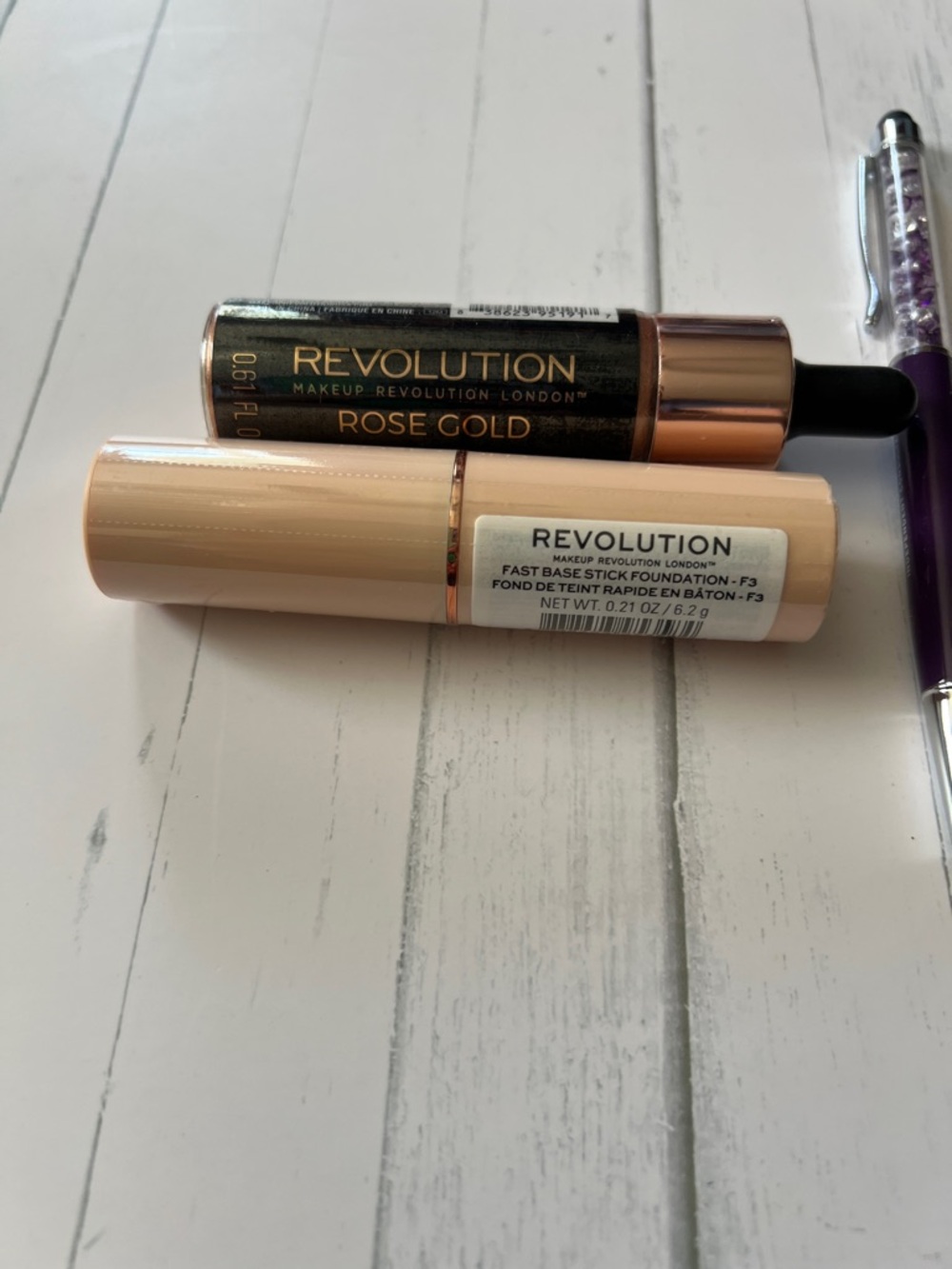Revolution Fast Base Stick Foundation F3 with Rose Gold Liquid Highlighter